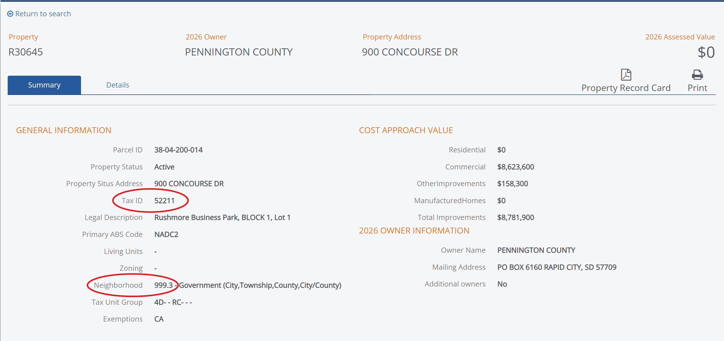 Screenshot of Property Assessment Lookup, highlighting the location of Tax and Neighborhood ID's